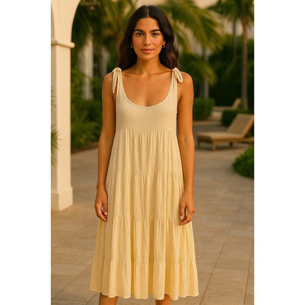 Stillwater Maxi Dress Womens S Light Yellow Tiered Tie Strap Summer Sustainable